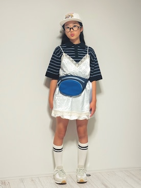 「Critical Slide（クリティカルスライド）のアイテム（キャップ、ホワイト系）」を使った、かーちんさん（キッズ・148cm）の夏コーディネート