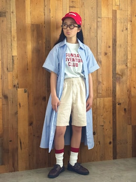 「アイテム（キャップ）」を使った、かーちんさん（キッズ・146cm）の春コーディネート