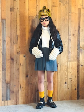 「INFIELDER DESIGN（インフィールダーデザイン）の【別注】INFIELDER DESIGN / STRIPE PON CAP（ニットキャップ/ビーニー）」を使った、かーちんさん（キッズ・142cm）の秋コーディネート