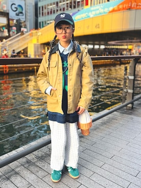 「PAIRMANON STREET（ペアマノンストリート）の紐付き 総柄 パンツ【PAIRMANON STREET】（その他パンツ、グリーン系）」を使った、かーちんさん（キッズ・145cm）の春コーディネート