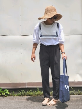 「マリン」｜「アイテム（スラックス）」を使った、かーちんさん（レディース・156cm）の夏コーディネート