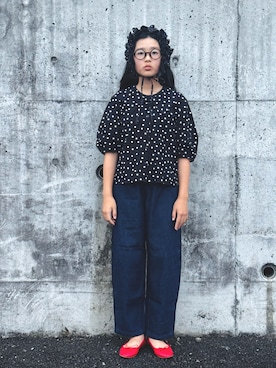 「FREAK'S STORE（フリークスストア）のドットコンビ フリル付け襟（付け襟、ブラック系）」を使った、かーちんさん（キッズ・148cm）の夏コーディネート