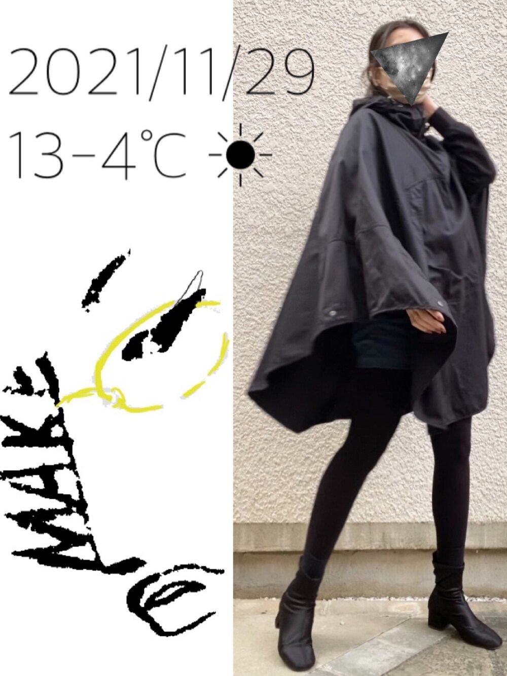 「サテンブーツ、ショートパンツ、ポンチョ、ワークマン、ワークマンプラス、難燃ポンチョ」｜「WORKMAN plusのアイテム（ポンチョ、ブラック系）」を使った、hingeさん（レディース・161cm）の秋コーディネートの1枚目の写真