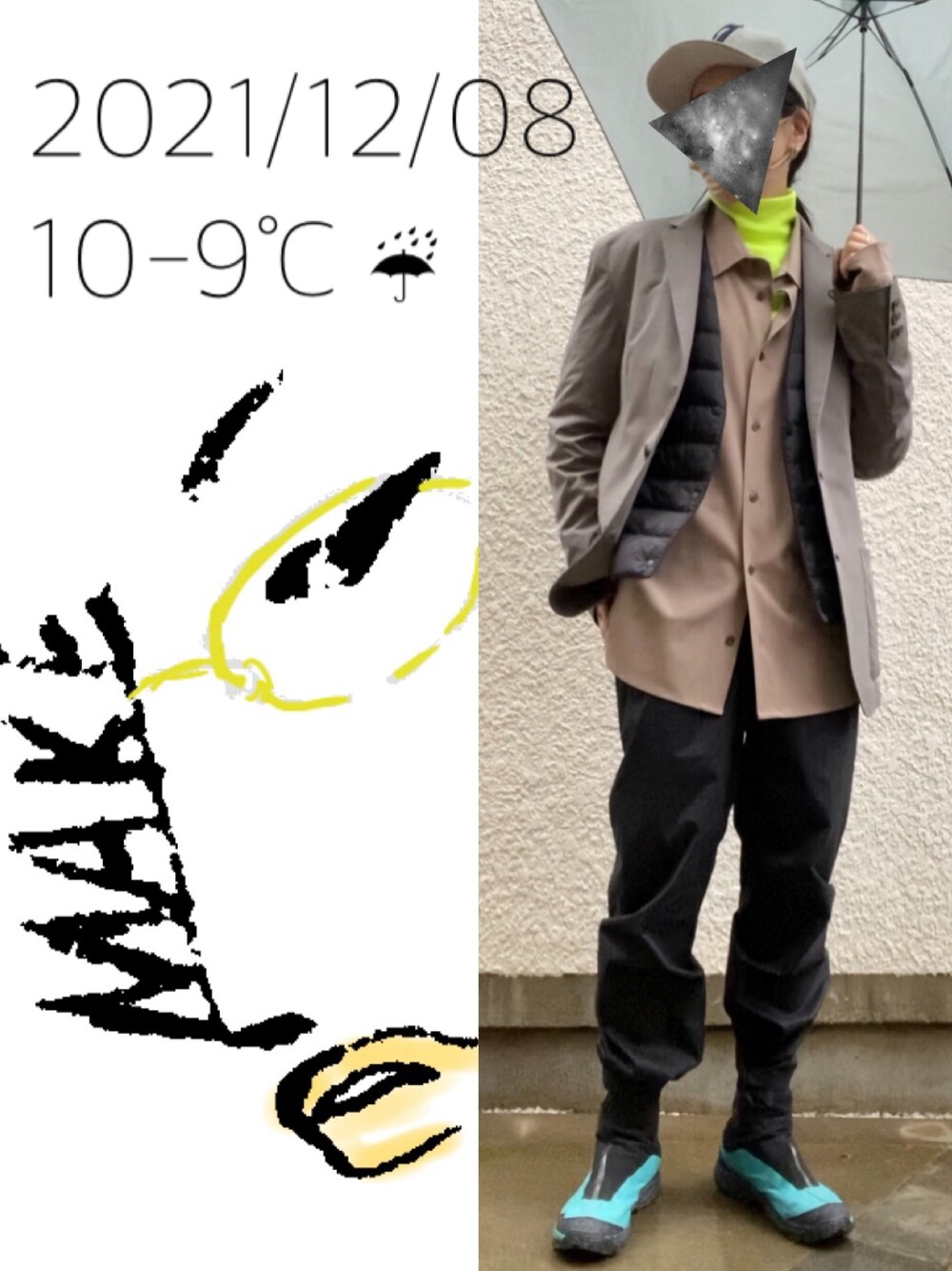 「ゴアテックス、撥水パンツ、撥水ジャケット、雨、雨の日コーデ、キャップ、ナード、ネオンカラー」｜「SALOMONのSALOMON / サロモン OUT PATH PRO GORE-TEX（その他シューズ、ブルー系）」を使った、hingeさん（レディース・161cm）の冬コーディネートの1枚目の写真