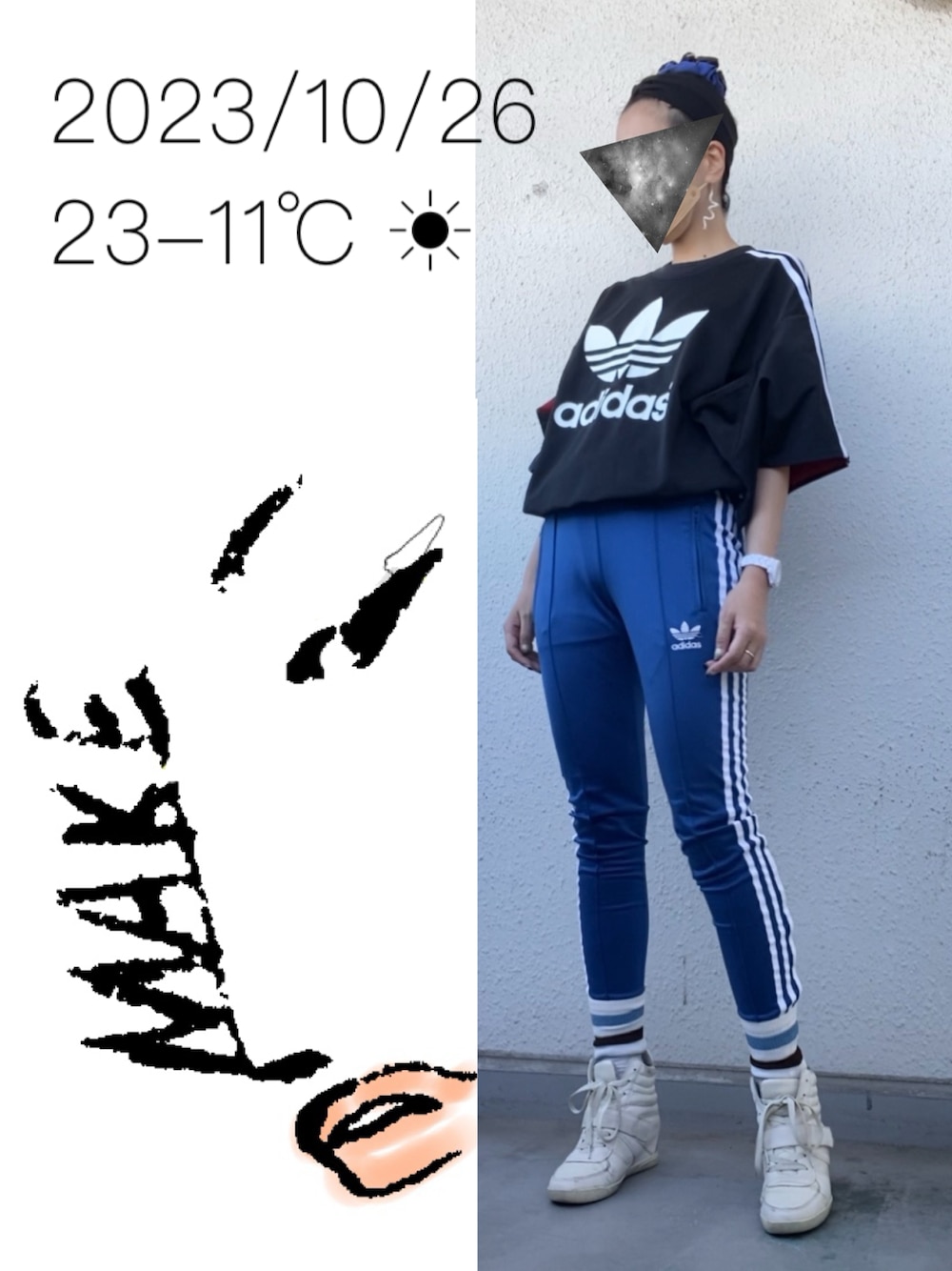 「3本ラインソックス、ジャージーパンツ、スポーツミックス」｜「adidas Originalsのadidas Originals/アディダス オリジナルス SST TRACK PANTS/スリーストライプス トラック パンツ（その他パンツ、ブラック系）」を使った、hingeさん（レディース・161cm）の秋コーディネートの1枚目の写真