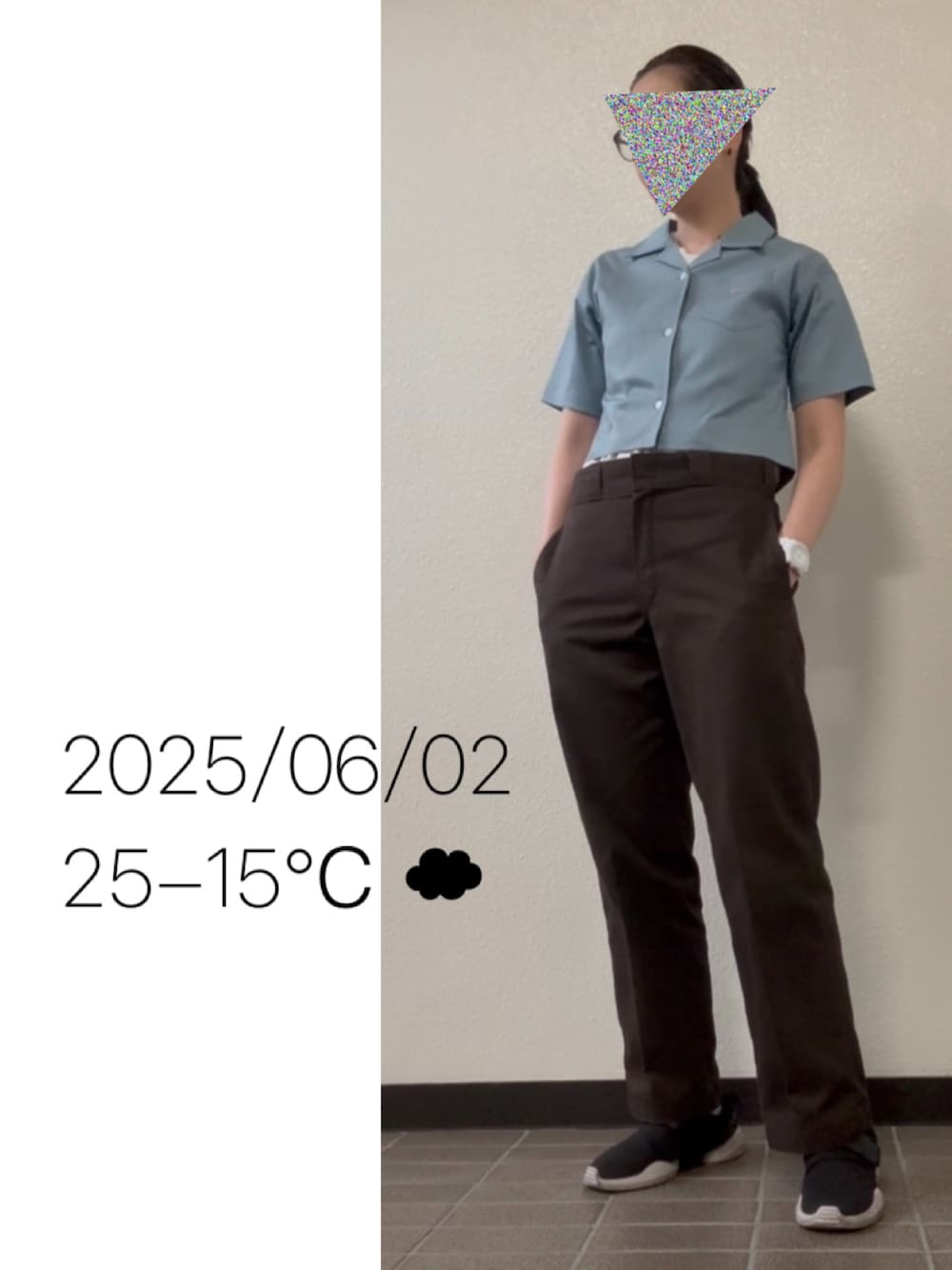 「メンズコーデ、クロップドシャツ」｜「DickiesのDickies/ディッキーズ THE ORIGINAL 874 ワイドチノパンツ（チノパンツ、グレー系）」を使った、hingeさん（レディース・161cm）の夏コーディネートの1枚目の写真