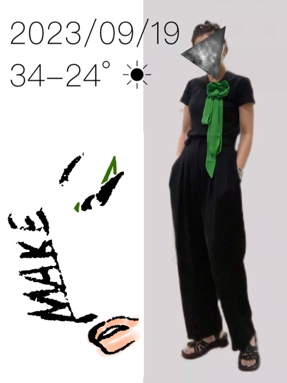 「全身黒、コサージュ」｜「UUのアイテム（Tシャツ/カットソー、ブラック系）」を使った、hingeさん（レディース・161cm）の秋コーディネートの1枚目の写真