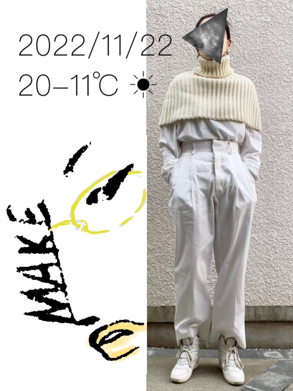 ホワイト系のTシャツ/カットソー、ホワイト系のパンツ、ホワイト系のストール/ショールを着用したレディースの秋コーディネートの1枚目の写真