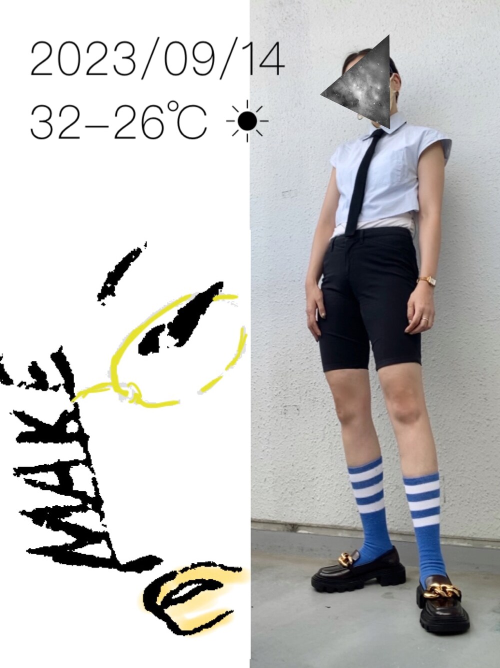 「スポーツミックス、サイクルパンツ、3本ラインソックス、チェーンローファー、ニットタイ、ネクタイ」｜「CHARLES & KEITHのPerline ペルリーネ チャンキーチェーンローファー（ローファー、レッド系）」を使った、hingeさん（レディース・161cm）の秋コーディネートの1枚目の写真