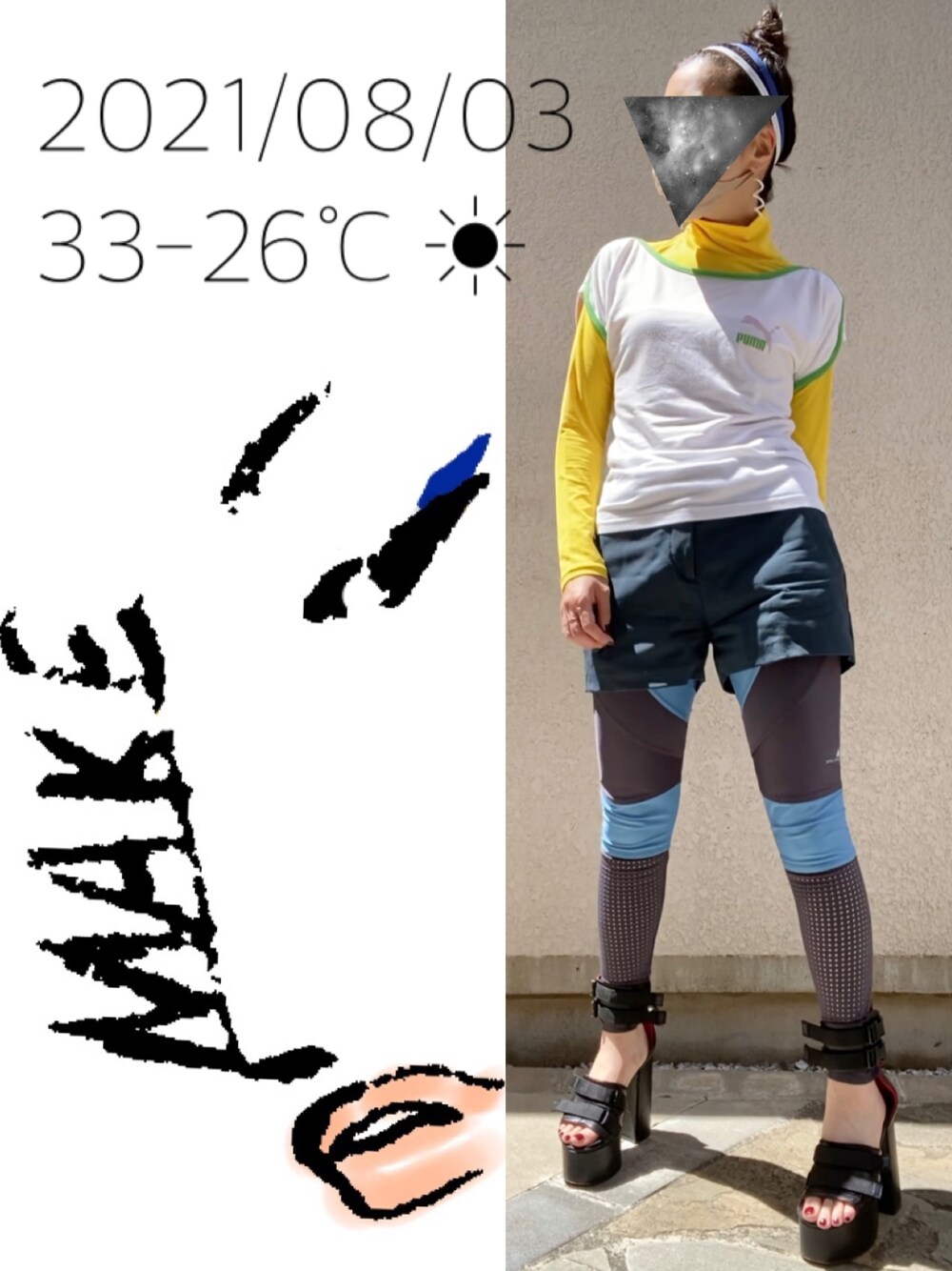 「プラットフォームサンダル、厚底サンダル、スポーツミックス、レイヤードスタイル」｜「adidas by Stella McCartneyの[adidas by Stella McCartney] RUN ロングタイツ（レギンス/スパッツ、ブルー系）」を使った、hingeさん（レディース・161cm）の夏コーディネートの1枚目の写真