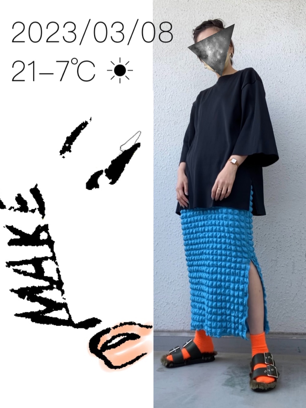 「ファーサンダル、ポップコーンスカート」｜「G.V.G.V.のRIBBED JERSEY BOXY TOP（Tシャツ/カットソー、ブラック系）」を使った、hingeさん（レディース・161cm）の春コーディネートの1枚目の写真