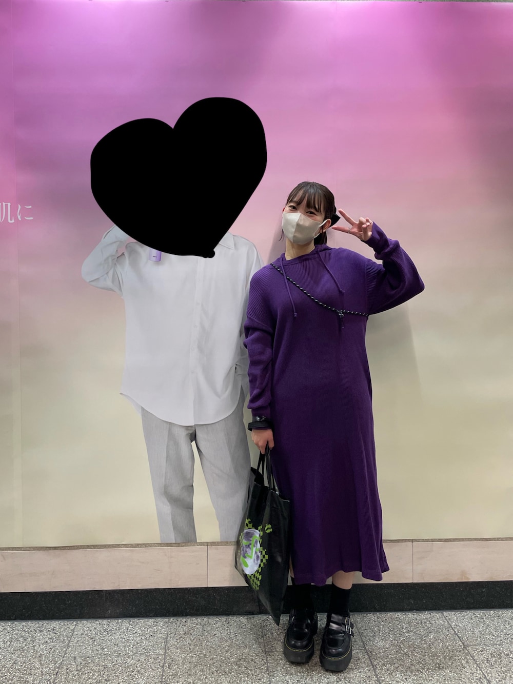 「chaopanic」｜「CIAOPANICの起毛ワッフルフードワンピース（ワンピース、パープル系）」を使った、アスカスさん（レディース・163cm）の冬コーディネートの1枚目の写真