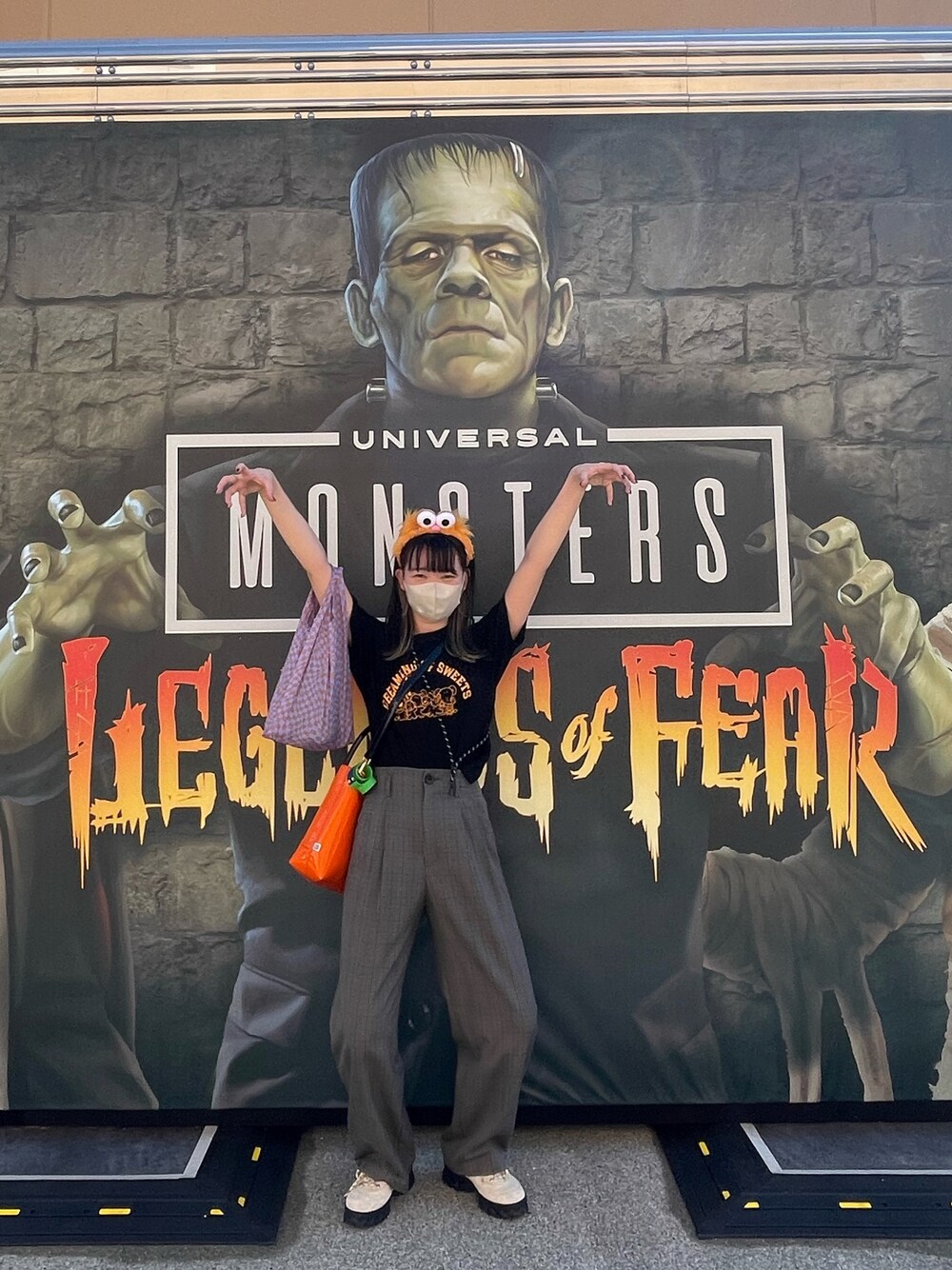 「たべっこどうぶつ、たべっ子どうぶつ、ハロウィンコーデ、USJ、GU」｜「Little sunny biteの『Little sunny bite』No photo shopper bag（ハンドバッグ、オレンジ系）」を使った、アスカスさん（レディース・163cm）の秋コーディネートの1枚目の写真