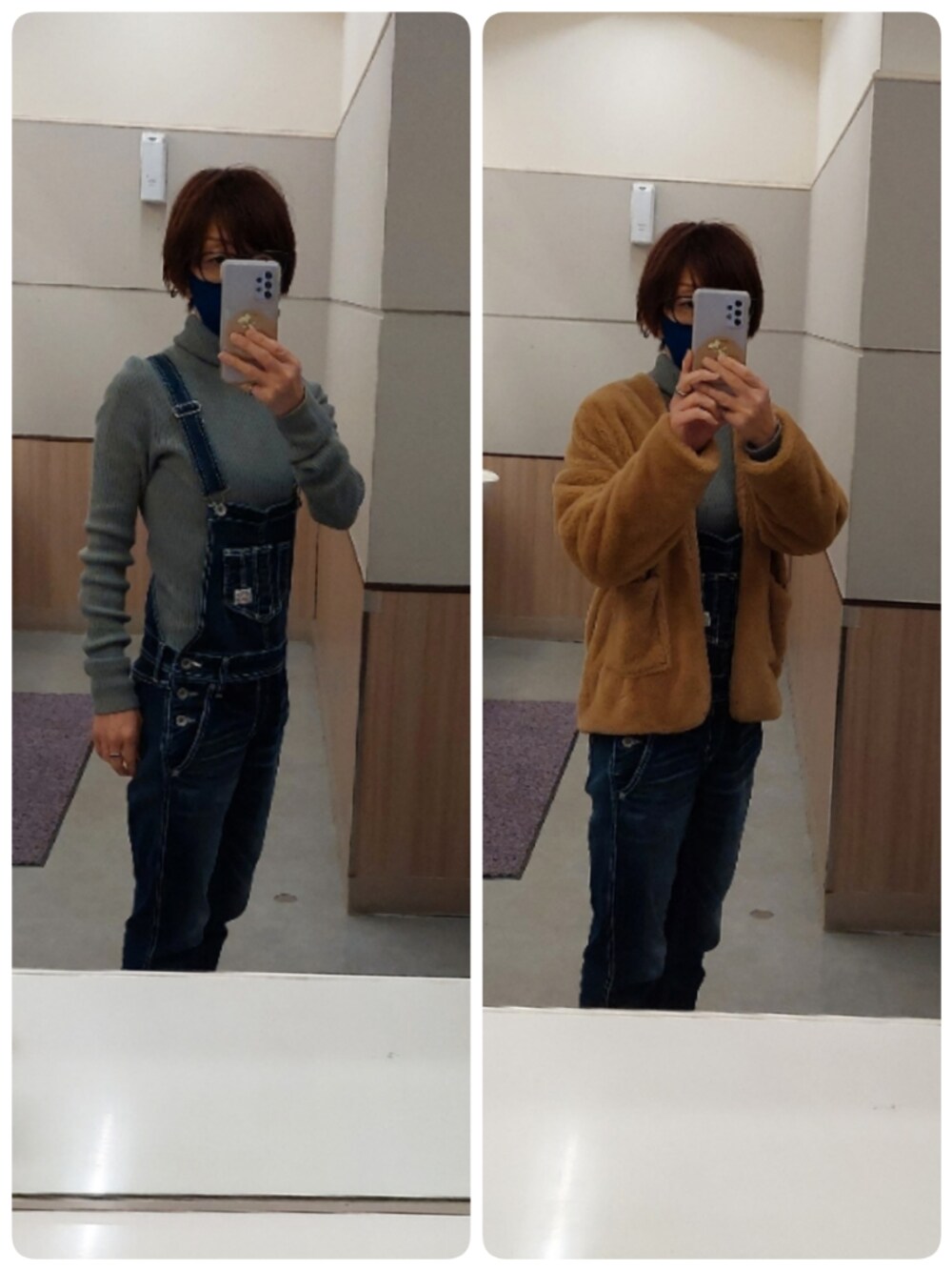 「サロペット、モコモコアウター」｜「ANAPのアイテム（ノーカラージャケット、ブラウン系）」を使った、yukiさん（レディース・158cm）の冬コーディネートの1枚目の写真