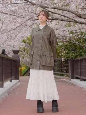 「callautia（カラウティア）のジャガードキャミワンピース（ワンピース、ホワイト系）」を使った、ミオリさん（レディース・157cm）の春コーディネート