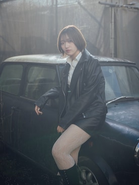 「古着のアイテム（ライダースジャケット、ブラック系）」を使った、ミオリさん（レディース・157cm）の春コーディネート