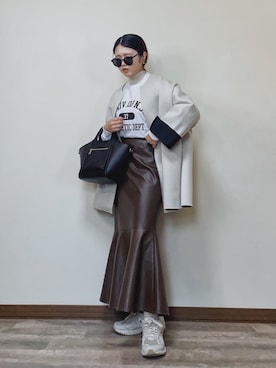 「レザースカート」｜「アイテム（ノーカラージャケット）」を使った、Miiさん（レディース・159cm）の冬コーディネート