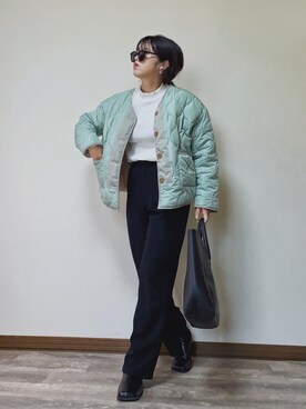 「リブT」｜「アイテム（ノーカラージャケット）」を使った、Miiさん（レディース・159cm）の冬コーディネート