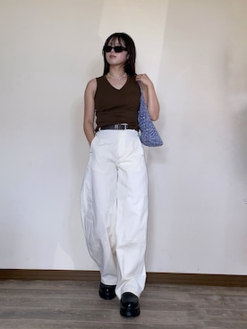 「SENSE OF PLACE by URBAN RESEARCH（センスオブプレイスバイアーバンリサーチ）のバレルレッグチノパンツ（その他パンツ、ホワイト系）」を使った、Miiさん（レディース・159cm）の夏コーディネート