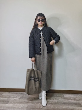 「リブT」｜「アイテム（ノーカラージャケット）」を使った、Miiさん（レディース・159cm）の秋コーディネート