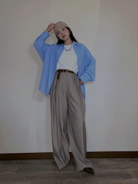 「notch.（ノッチ）の【notch. by KASUMI】 ストライプトラウザーパンツ（その他パンツ、ベージュ系）」を使った、Miiさん（レディース・159cm）の秋コーディネート