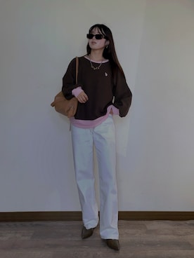 「U.S. POLO ASSN.（ユーエスポロアッスン）の【新色追加】GeeRA別注【U.S.POLOASSN.】オーバーサイズワッフルトップス（Tシャツ/カットソー、ブラウン系）」を使った、Miiさん（レディース・159cm）の秋コーディネート