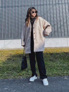 「巾着バッグ」｜「アイテム（ノーカラーコート）」を使った、Miiさん（レディース・159cm）の秋コーディネート