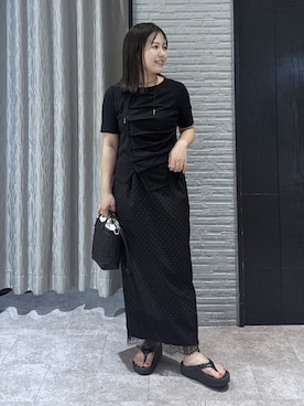 「THE SHOP TK （ザ ショップ ティーケー ）のフロントタックカットソー（Tシャツ/カットソー、ブラック系）」を使った、caoriさん（レディース）の夏コーディネート