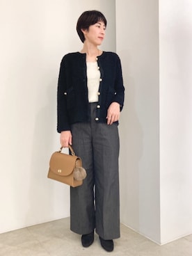 「女子会」｜「アイテム（ノーカラージャケット）」を使った、groveさん（レディース・157cm）の冬コーディネート