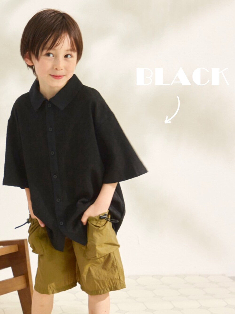 「ペアマノン、pairmanon、6歳、男の子」｜「pairmanonのダイヤジャガードシャツ（シャツ/ブラウス、ブラック系）」を使った、たみおとたまにこどもさん（キッズ・120cm）の夏コーディネートの1枚目の写真