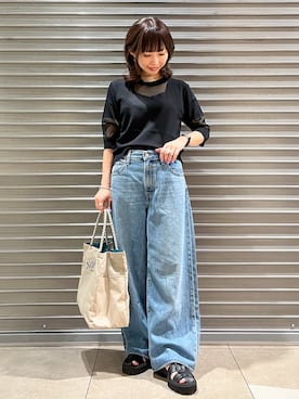 「DRESSTERIOR（ドレステリア）の【日本製】ウォッシャブルシアーニットプルオーバー（ニット/セーター、ブラック系）」を使った、じゅんさん（レディース・150cm）の夏コーディネート
