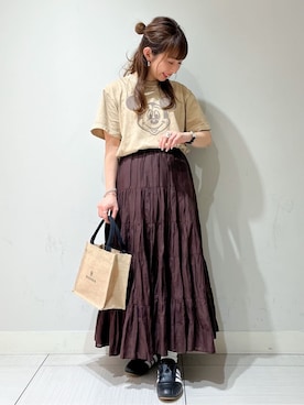 「DRESSTERIOR（ドレステリア）のジュートキャンバス ミニバッグ（Tote、ベージュ系）」を使った、じゅんさん（レディース・150cm）の春コーディネート