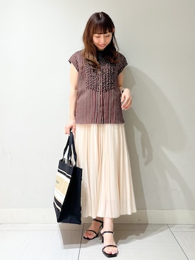 「DRESSTERIOR（ドレステリア）のストライプフレンチスリーブフリルブラウス（シャツ/ブラウス、ブラウン系）」を使った、じゅんさん（レディース・150cm）の夏コーディネート