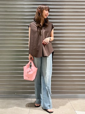 「DRESSTERIOR（ドレステリア）のスキッパーブラウス（シャツ/ブラウス、ブラウン系）」を使った、じゅんさん（レディース・150cm）の夏コーディネート
