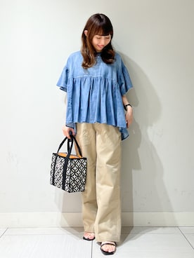 「DRESSTERIOR（ドレステリア）の【涼しく着映え】シアーデニムAラインブラウス（シャツ/ブラウス、ブルー系）」を使った、じゅんさん（レディース・150cm）の夏コーディネート