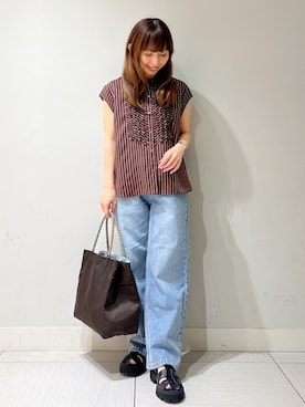 「DRESSTERIOR（ドレステリア）のストライプフレンチスリーブフリルブラウス（シャツ/ブラウス、ブラウン系）」を使った、じゅんさん（レディース・150cm）の夏コーディネート