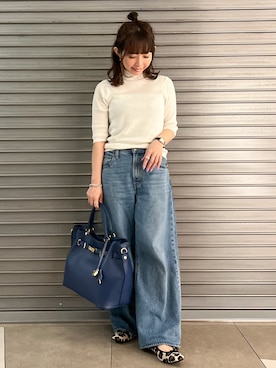 「DRESSTERIOR（ドレステリア）の【接触冷感】クールタッチカットハーフスリーブプルオーバー（ニット/セーター、ホワイト系）」を使った、じゅんさん（レディース・150cm）の夏コーディネート