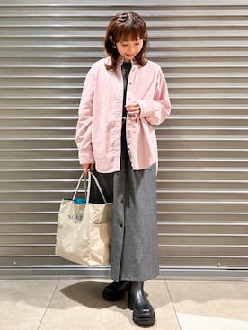 「DRESSTERIOR（ドレステリア）の【軽やかな着心地】コーデュロイ オーバーサイズシャツ（シャツ/ブラウス、ピンク系）」を使った、じゅんさん（レディース・150cm）の秋コーディネート