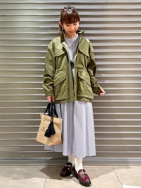 「DRESSTERIOR（ドレステリア）の【ウォッシャブル】コンパクトコットンミリタリーブルゾン（ブルゾン、グリーン系）」を使った、じゅんさん（レディース・150cm）の春コーディネート