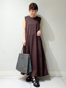 「DRESSTERIOR（ドレステリア）の【接触冷感／抗菌防臭／消臭/ウォッシャブル】アイスクリアコットン フレンチスリーブワンピース（ワンピース、ブラウン系）」を使った、じゅんさん（レディース・150cm）の夏コーディネート