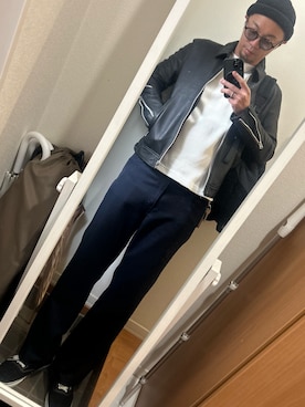 「アイテム（ライダースジャケット）」を使った、hana.さん（メンズ・184cm）の秋コーディネート