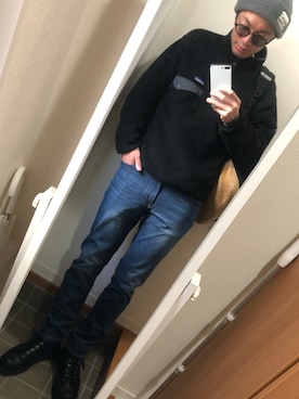 「INHERIT（インヘリット）のアイテム（パンツ）」を使った、hana.さん（メンズ・184cm）の冬コーディネート