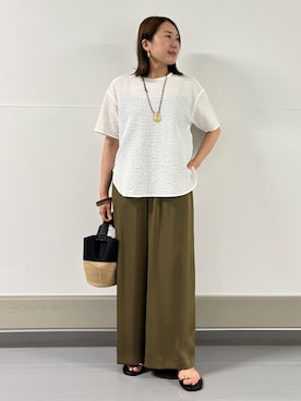 「qualite（カリテ）の【セットアップ対応】シアーギンガムブラウス　夏服　きれいめTシャツ　きれいめカジュアル（Tシャツ/カットソー、ホワイト系）」を使った、Yuuki Endoさん（レディース・155cm）の夏コーディネート