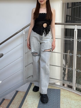 「EVRIS（エヴリス）のレースアップインソールワークブーツ（ブーツ、ブラック系）」を使った、rinaさん（レディース・162cm）の夏コーディネート