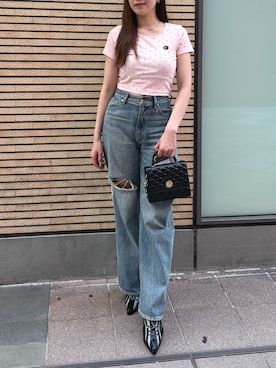 「EVRIS（エヴリス）のドットSUNNYショートTシャツ（Tシャツ/カットソー、ピンク系）」を使った、rinaさん（レディース・162cm）の夏コーディネート