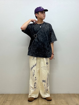 「アイテム（帽子、パープル系）」を使った、RINさん（メンズ・170cm）の夏コーディネート