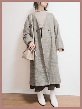 「巾着バッグ」｜「アイテム（ノーカラーコート）」を使った、yukko8wearさん（レディース・153cm）の冬コーディネート