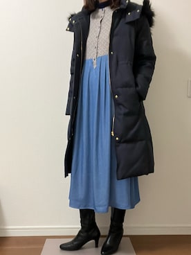 「idem（イデム）のchambray × flower onepiece/シャンブレー切替シャツワンピース（ワンピース、ブルー系）」を使った、yuka448さん（レディース・164cm）の冬コーディネート