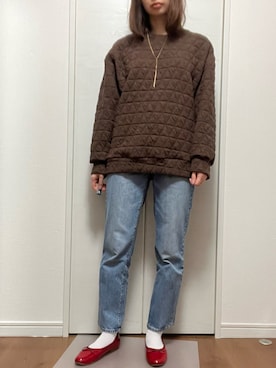 「emi+（エミプラス）のキルティングトレーナー（スウェット、ブラウン系）」を使った、yuka448さん（レディース・164cm）の冬コーディネート