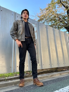 「大学生」｜「アイテム（ライダースジャケット）」を使った、myut  相互さん（メンズ・180cm）の秋コーディネート